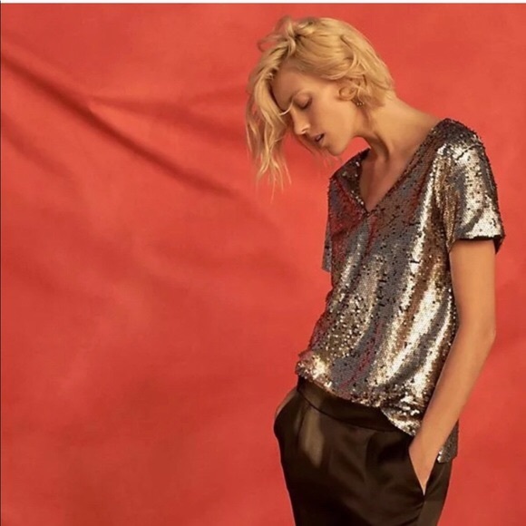 Anthropologie Women’s Vanessa Virginia Silver V-neck Sequin Top -Holidays - Picture 2 of 8